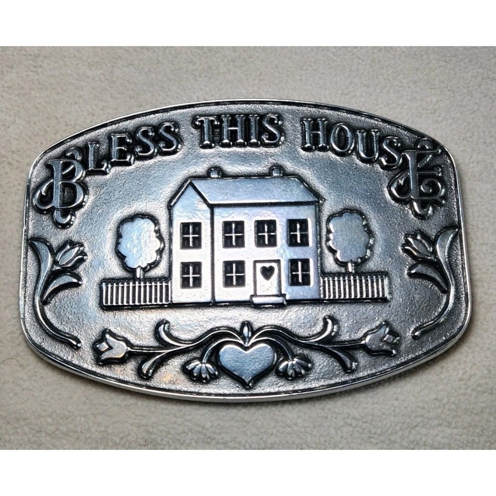 THE WILTON CO. Bless This House Trivet 7 x 4 Pewter Silver-tone 90s Grandma core